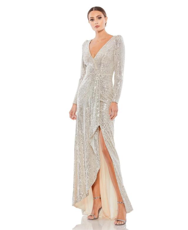 Mac Duggal Womens Ieena Sequined Faux Wrap Long Sleeve Gown Product Image