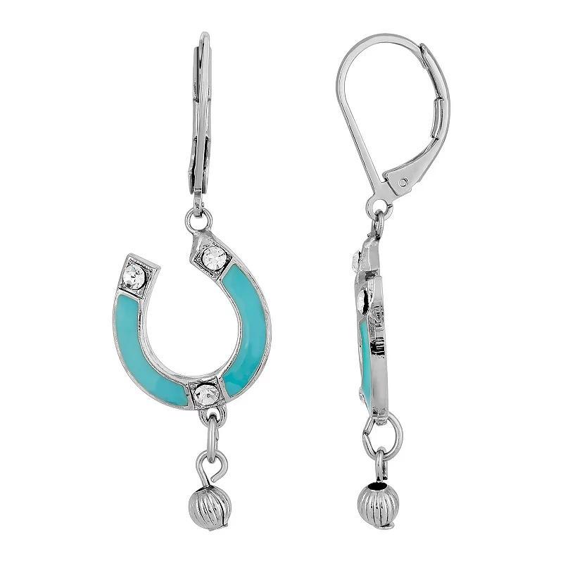 1928 Silver-Tone Turquoise Color Enamel with Crystal Accents Horsehoe Drop Earrings, Womens Product Image