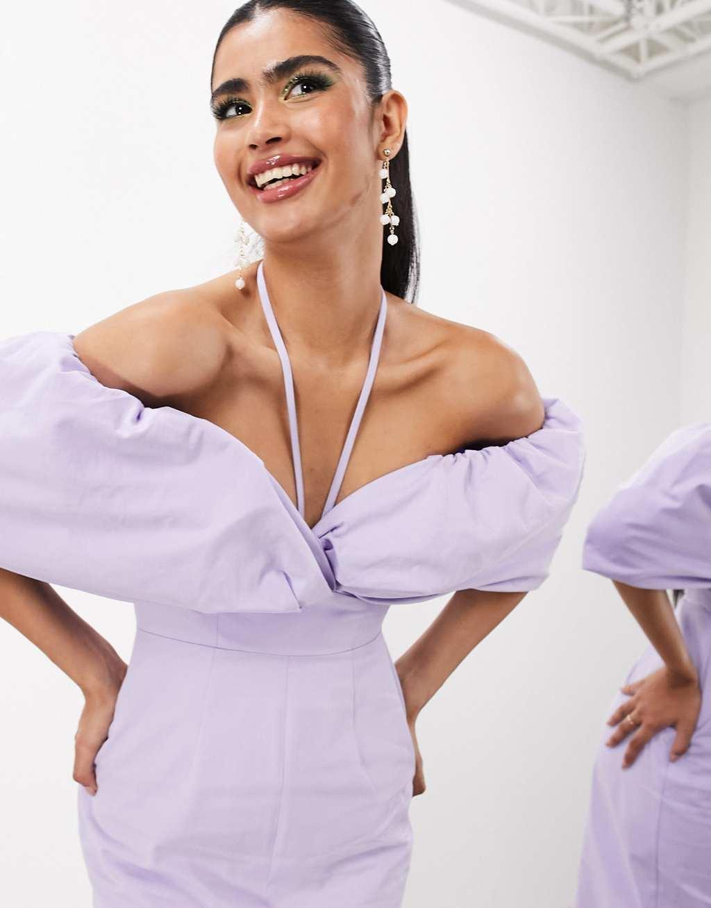 ASOS EDITION bardot bow tie neck detail midi dress in lilac Product Image