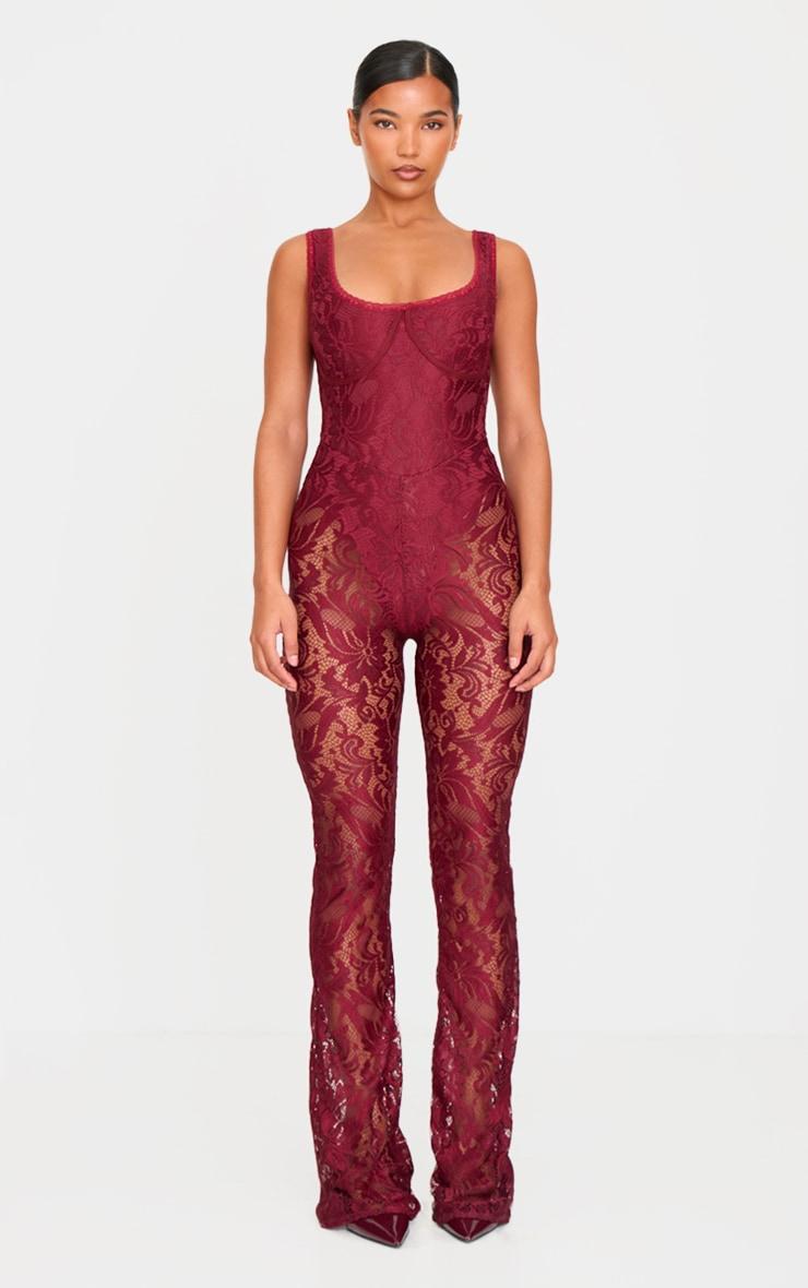 Burgundy Lace Boning Detail Flared Jumpsuit product image