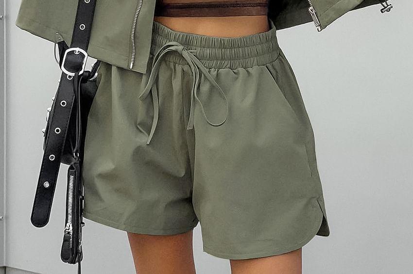 Set: Stand Collar Plain Zip-Up Crop Jacket + High Waist Wide Leg Shorts Product Image