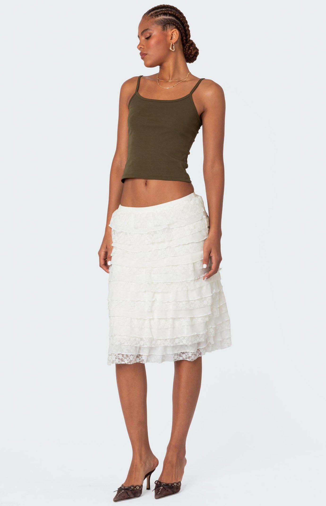 Edikted Women's Louise Lace and Mesh Ruffle Midi Skirt product image