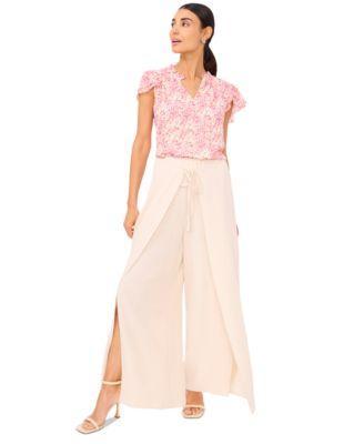 Cece Womens Ruffled Keyhole Neck Flutter Sleeve Blouse Overlap Tie Front Wide Leg Soft Pants Product Image