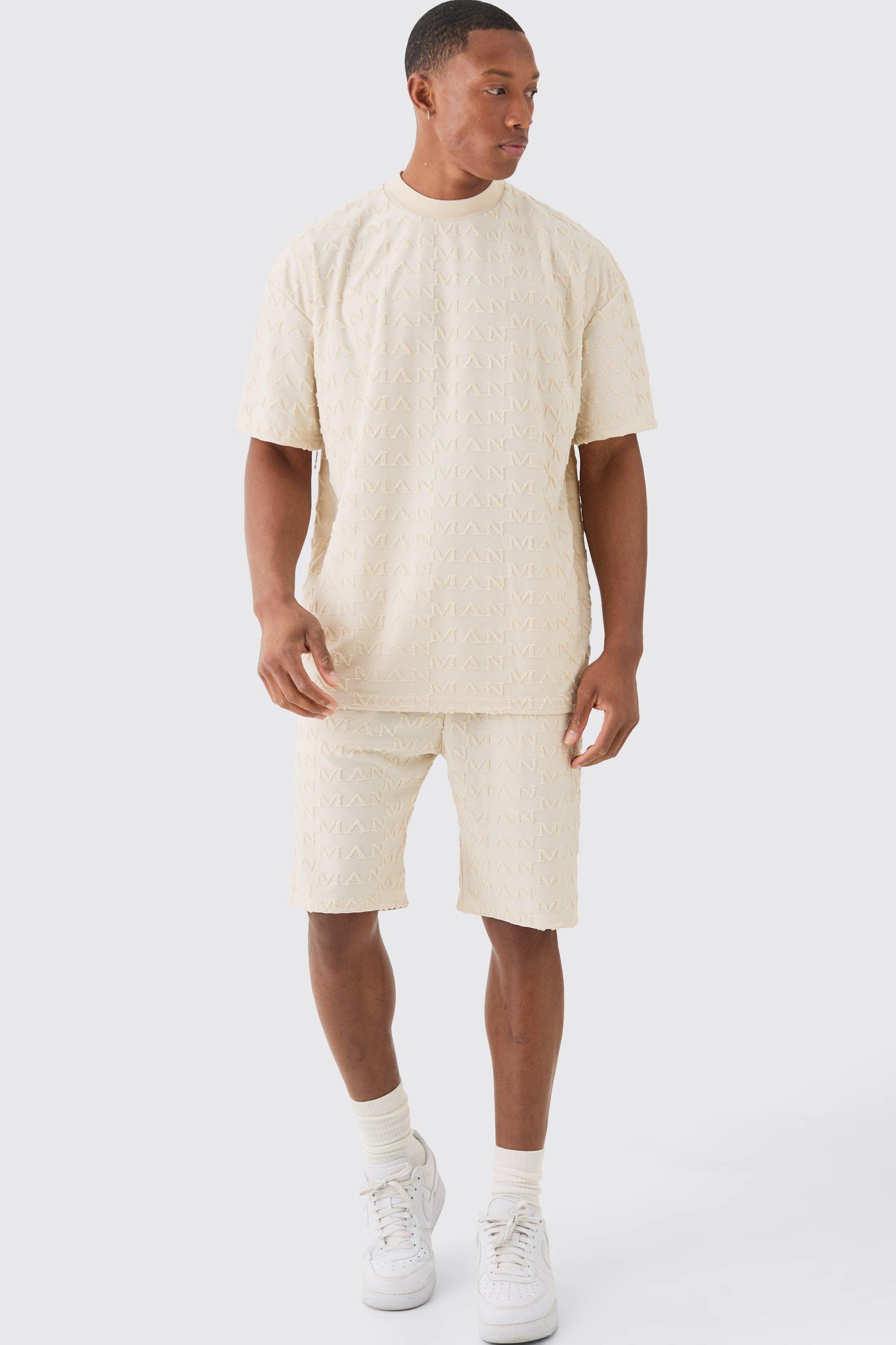 Mens Beige Oversized Man Towelling Jacquard T-shirt & Shorts Set, Beige Product Image