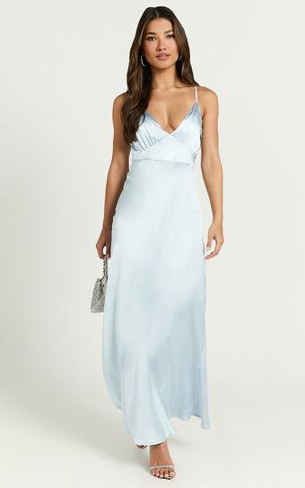 Lorenzia Maxi Dress - Plunge Corset Underbust Detail Satin Dress in Light Blue Product Image