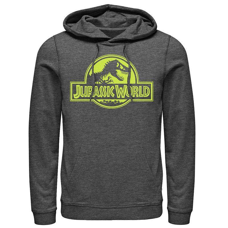 Mens Jurassic World Neon Green Classic Logo Pullover Graphic Hoodie Dark Grey Product Image