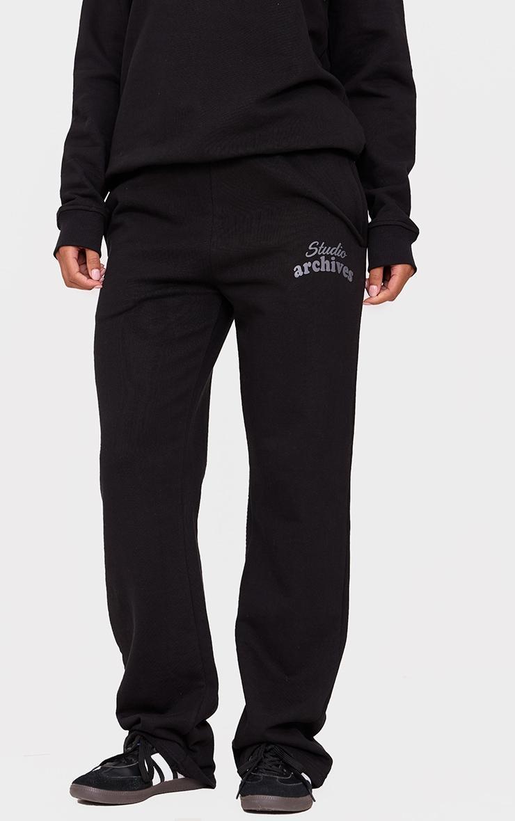 PRETTYLITTLETHING Black Premium Studio Archives Print Straight Leg Sweatpants Product Image