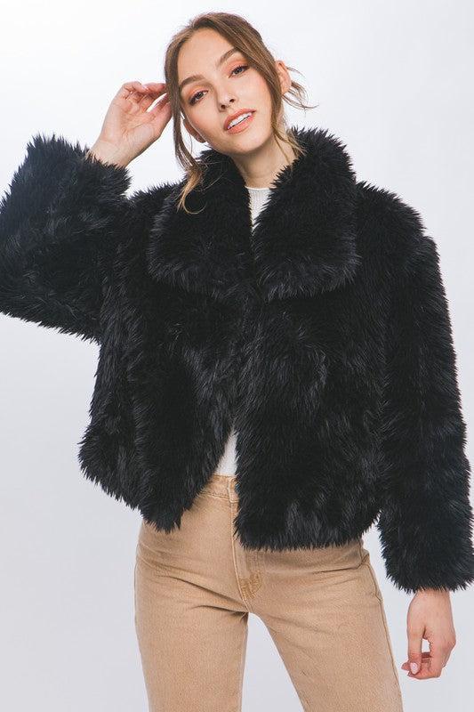 Black Mid Length Faux Fur Open Front Jacket (Small to Large) Product Image