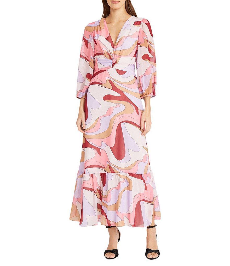 Donna Morgan Printed Yoryu V-Neck 3/4 Balloon Sleeve Ruffle Hem Maxi Dress Product Image