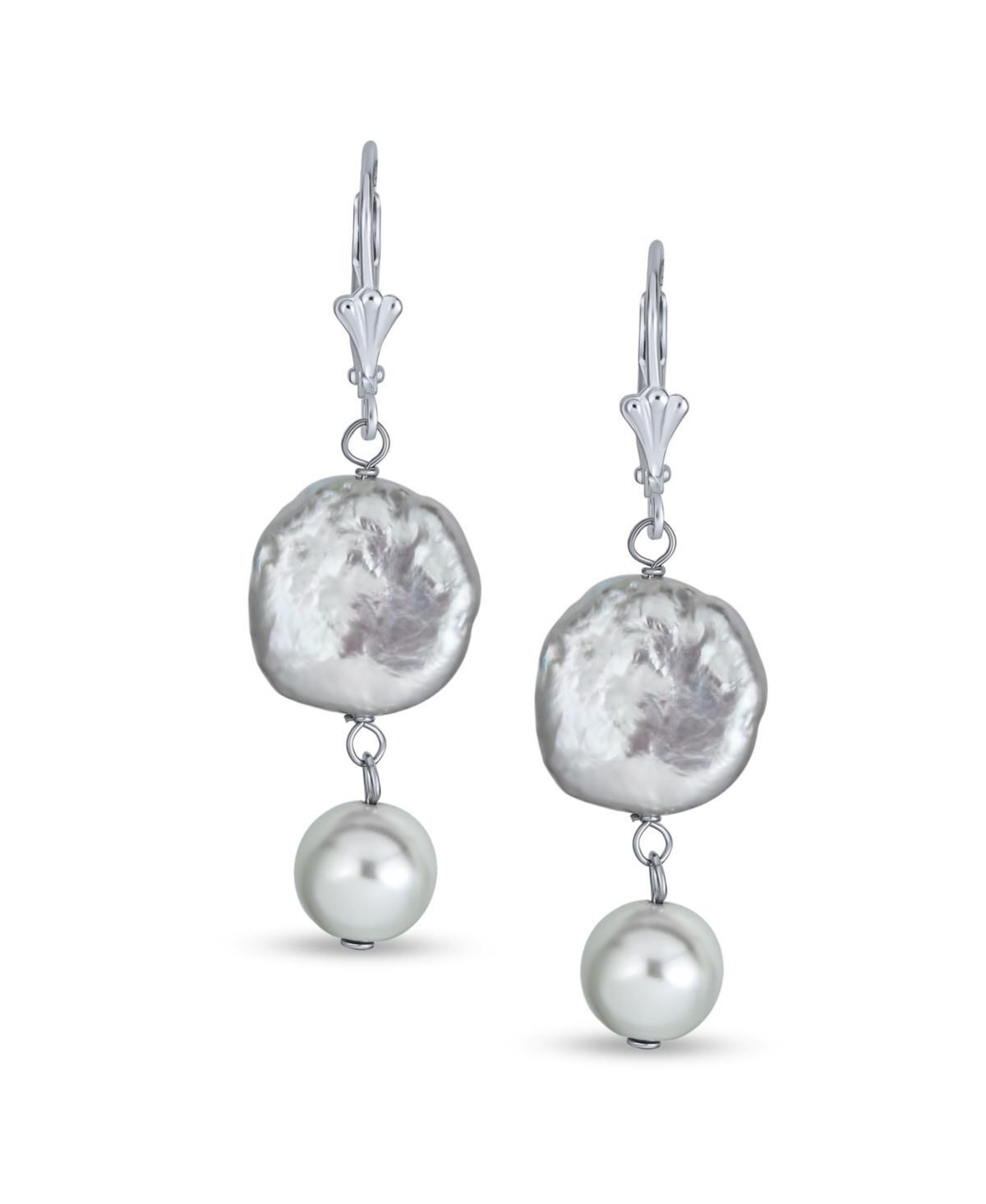 Bling Jewelry White Coin Biwa Cultured Pearl Lever back Dangle Earrings For Women .925 Sterling Silver Product Image