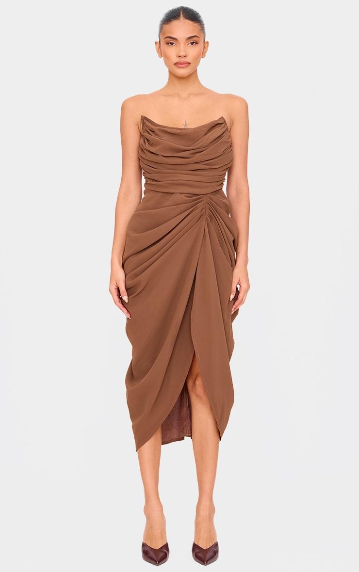 Chocolate Chiffon Corset Bandeau Draped Midi Dress product image