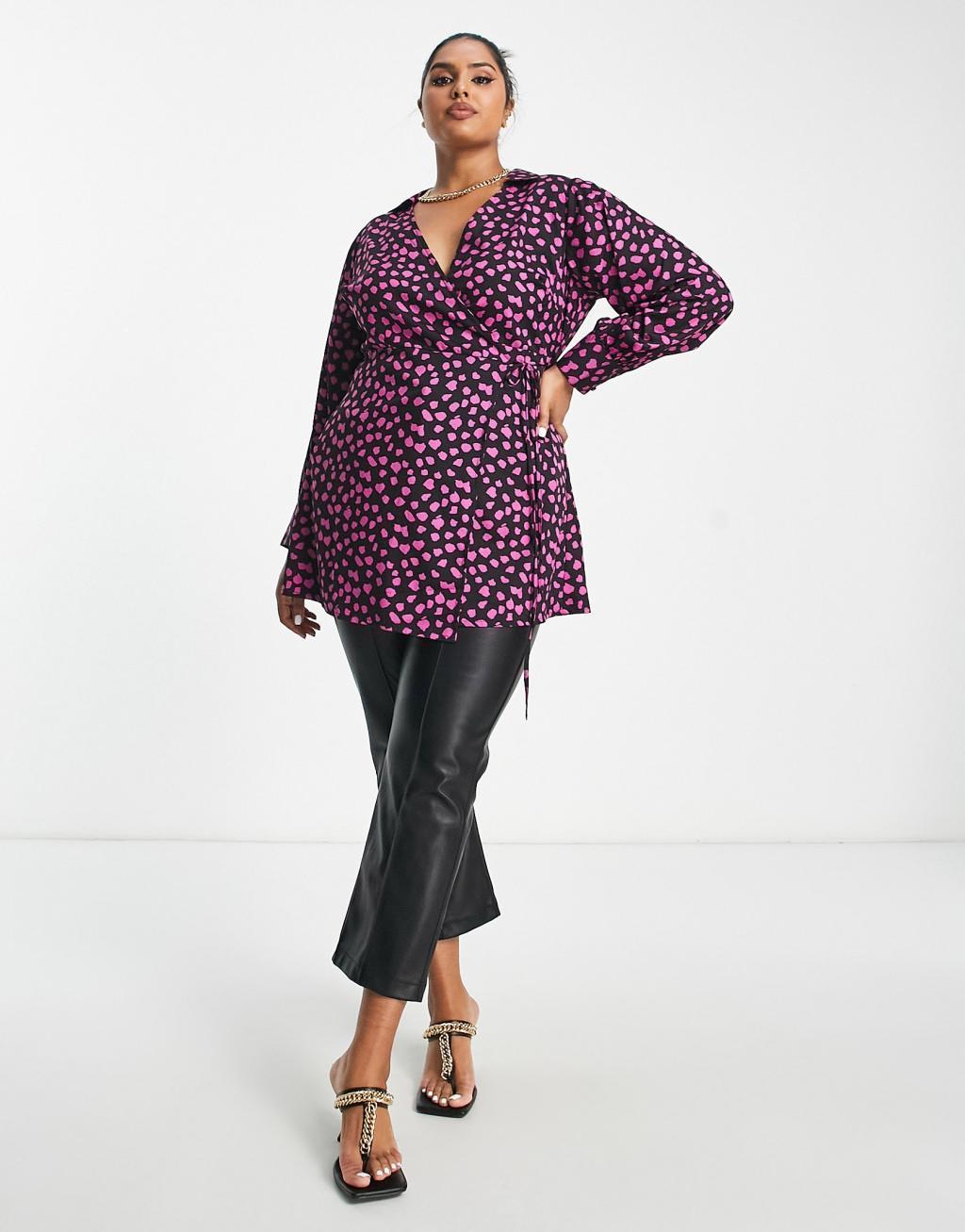 Yours collared wrap top in black polka dot Product Image