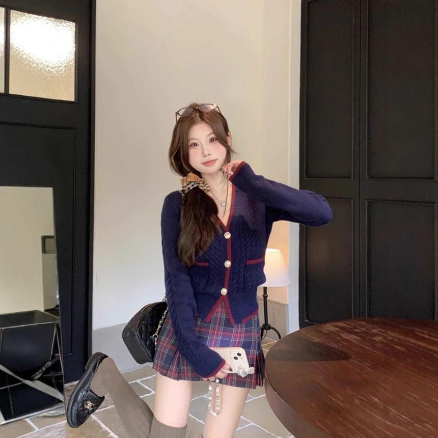 V-Neck Contrast Trim Cable Knit Cardigan / High Rise Plaid Mini A-Line Skirt Product Image