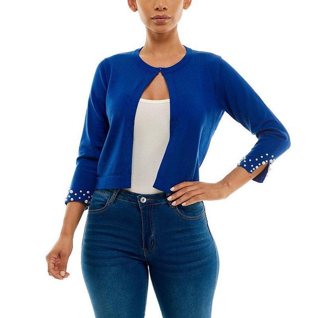 Womens Nina Leonard Simulated-Pearl Trim Bolero Blue Product Image