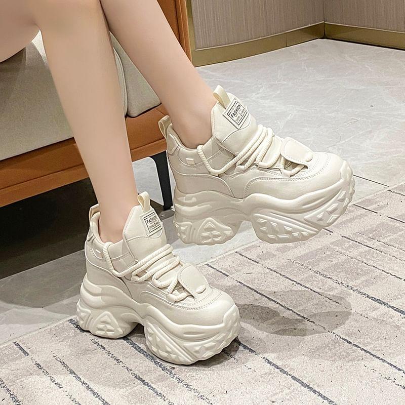 Platform Hidden Wedge Plain Lace-Up Faux Leather Sneakers Product Image