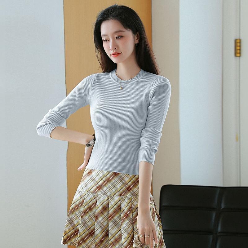 Long Sleeve Crew Neck Plain Ribbed Knit Top Product Image