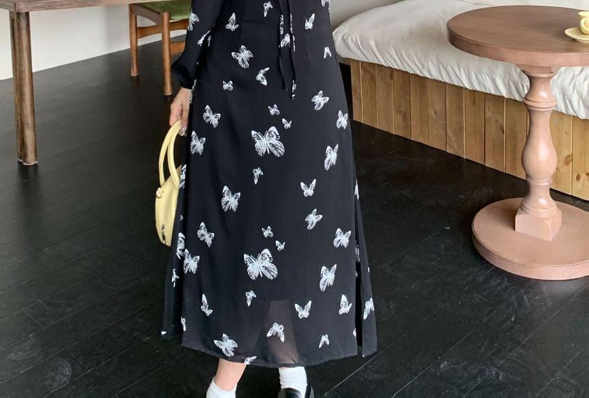 Puff-Sleeve V-Neck Butterfly Print Midi A-Line Dress Product Image