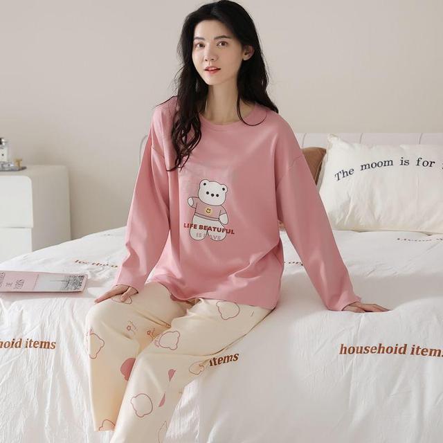 Loungewear Set : Long-Sleeve Bear Print Padded T-Shirt + Pants Product Image