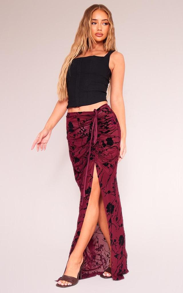 Red Floral Flocked Mesh Ruched Side Maxi Skirt Product Image