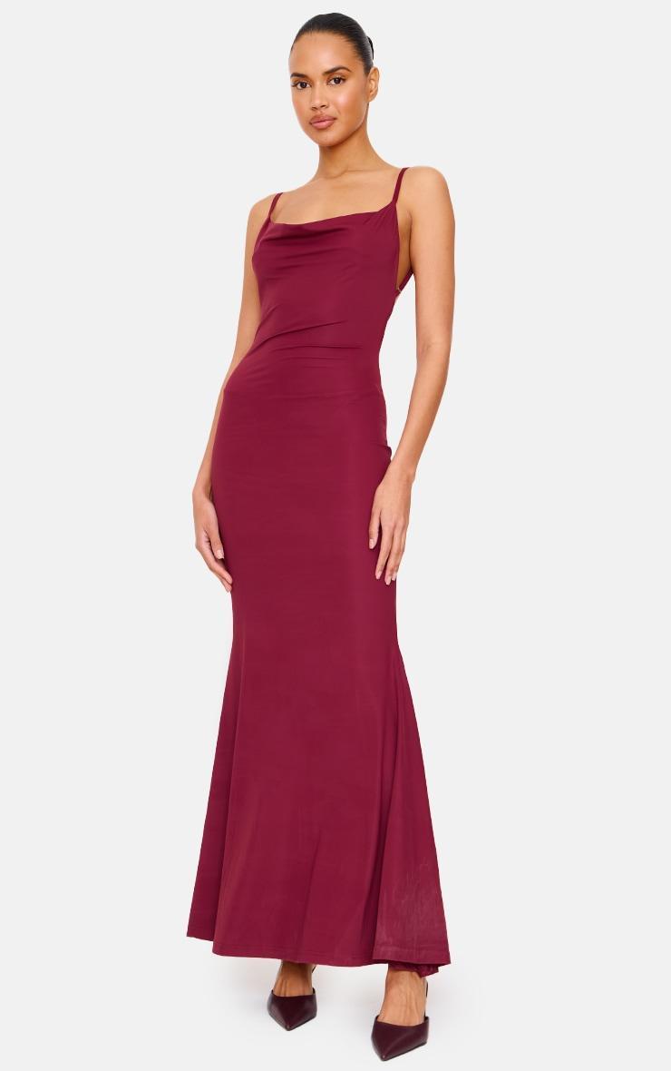 Burgundy Slinky Cowl Neck Lace Insert Detail Maxi Dress Product Image