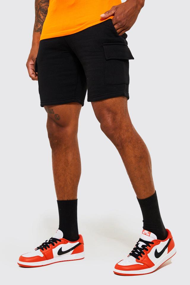 Mens Black Slim Mid Cargo Jersey Short, Black Product Image