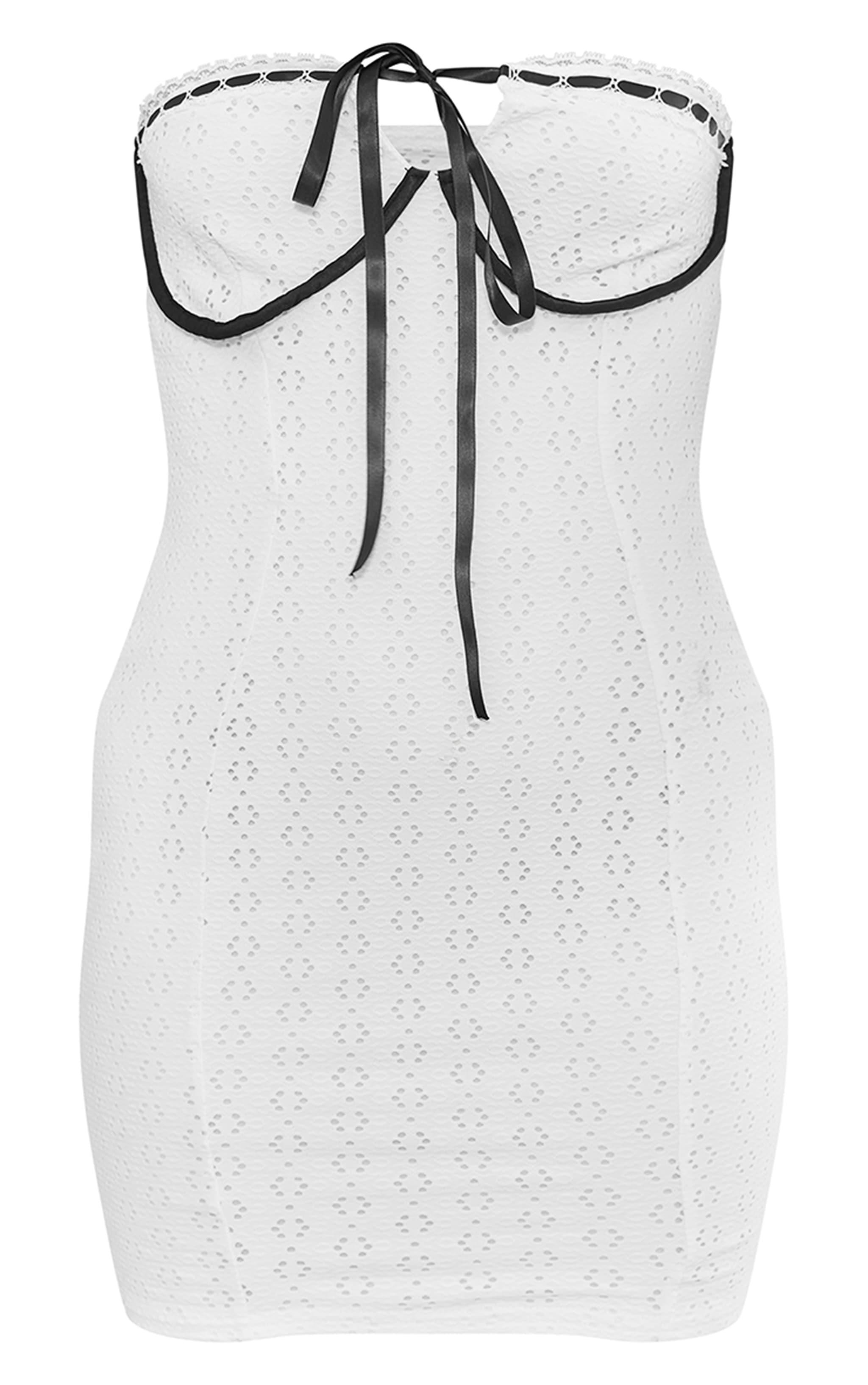 White Broderie Contrast Ribbon Bandeau Bodycon Dress Product Image