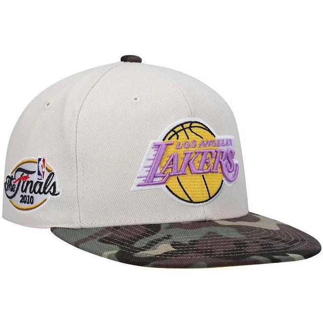 Mens Mitchell & Ness Cream Los Angeles Lakers Hardwood Classics 2010 NBA Finals Patch Off White Camo Fitted Hat Product Image