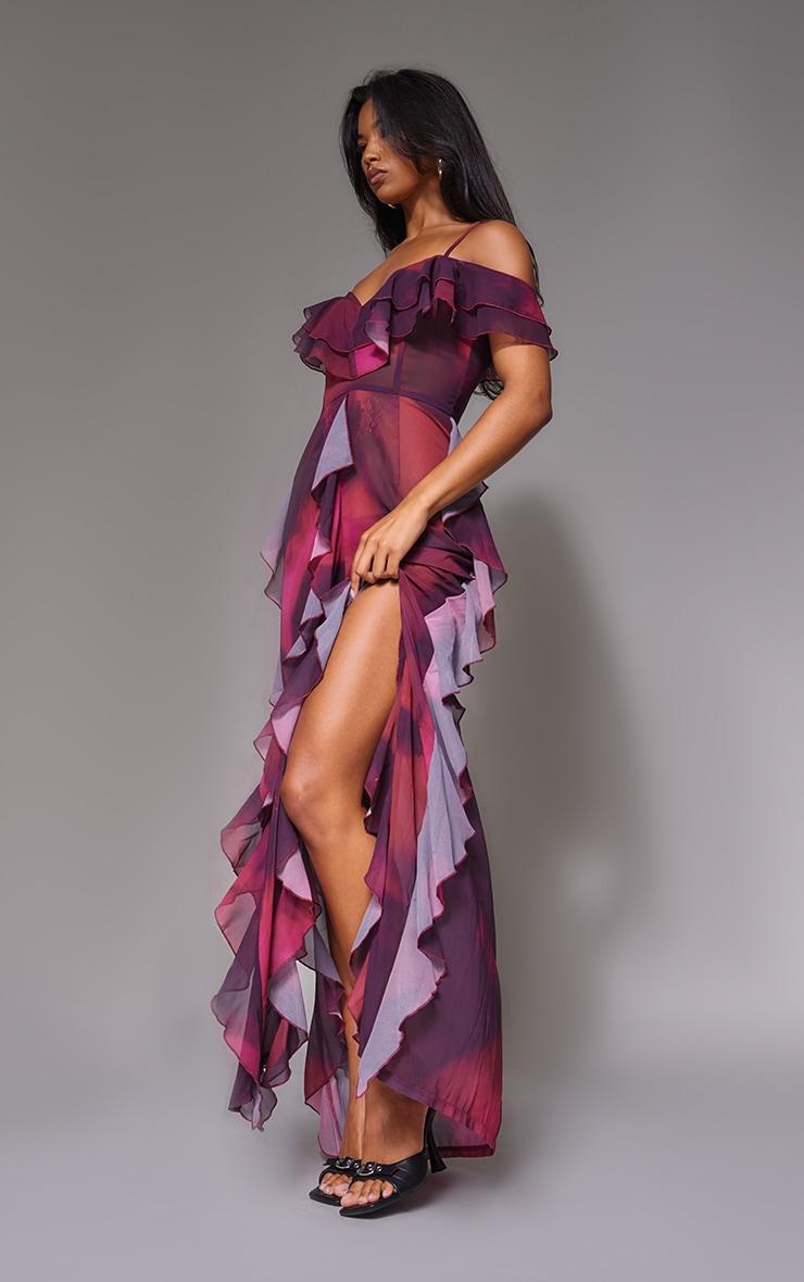 Purple Abstract Cold Shoulder Ruffle Detail Maxi Dress Product Image