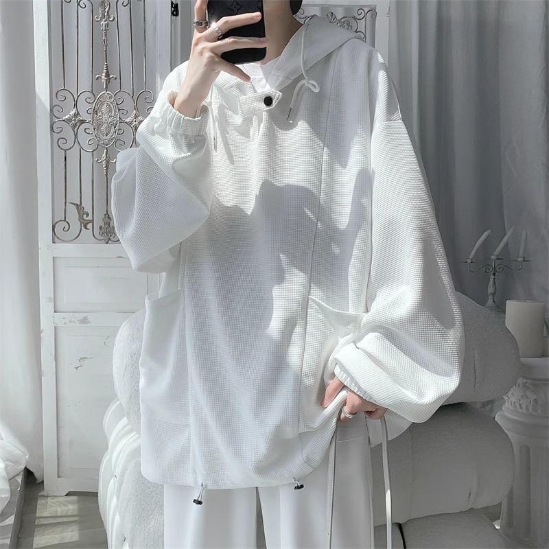 Puff-Sleeve Plain Pocket Detail Oversized Hoodie Product Image