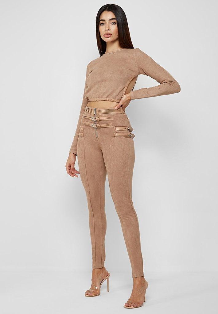 Buckle Detail Vegan Suede Leggings - Beige Female Product Image