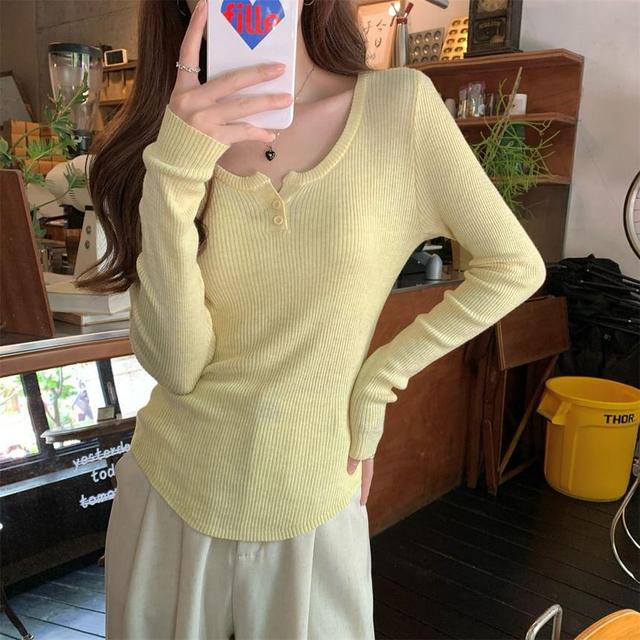 Long-Sleeve Henley Plain Ribbed Knit Top Product Image