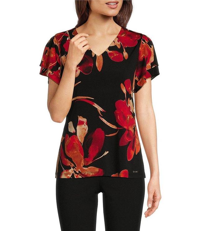 Calvin Klein Petite Size Floral Print Matte Knit Jersey Short Flutter Sleeve V-Neck Top Product Image