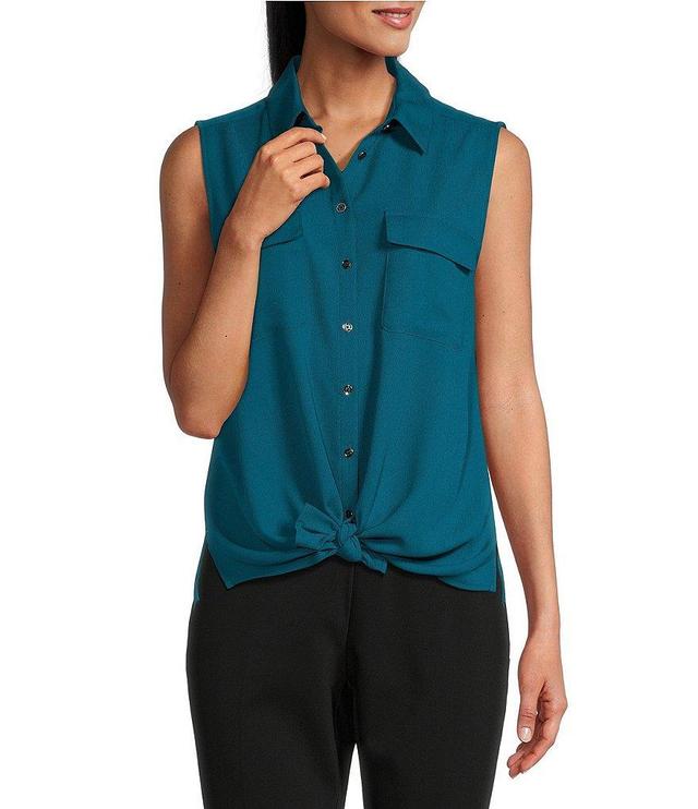 Investments Petite Point Collar Sleeveless Button Tie Front Top Product Image