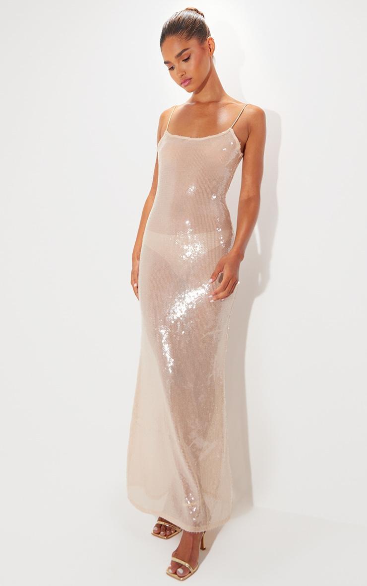 Nude Sequin Square Neck Fishtail Maxi Dress Product Image