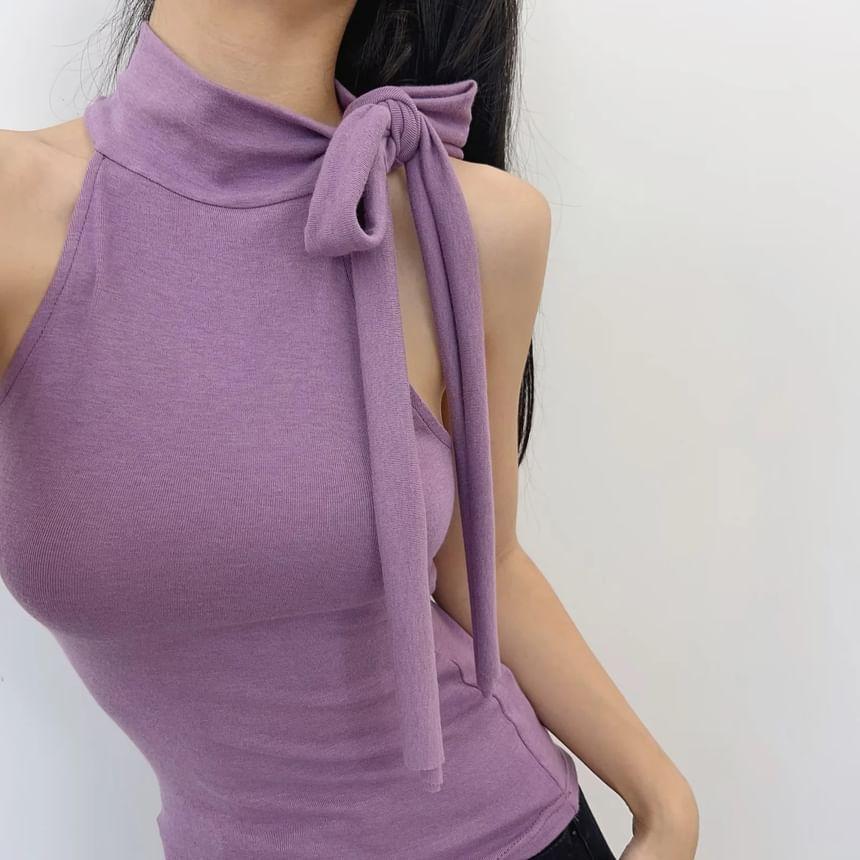 Tie-Neck Plain Slim-Fit Crop Tank Top Product Image