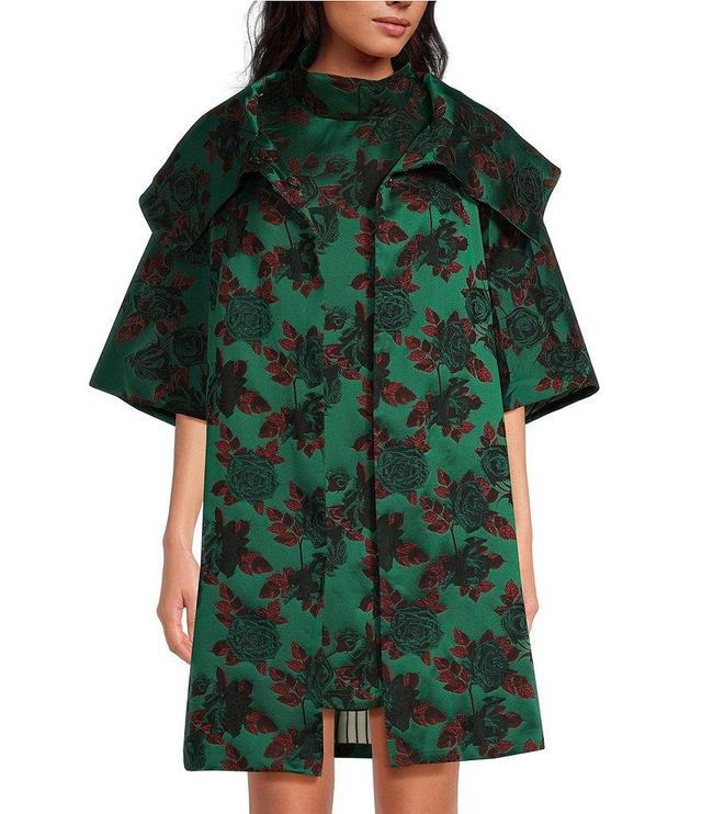 Buru Floral Brocade Wide Platter Point Collar 3/4 Sleeve Open Front Mid Length Topper Coat Product Image