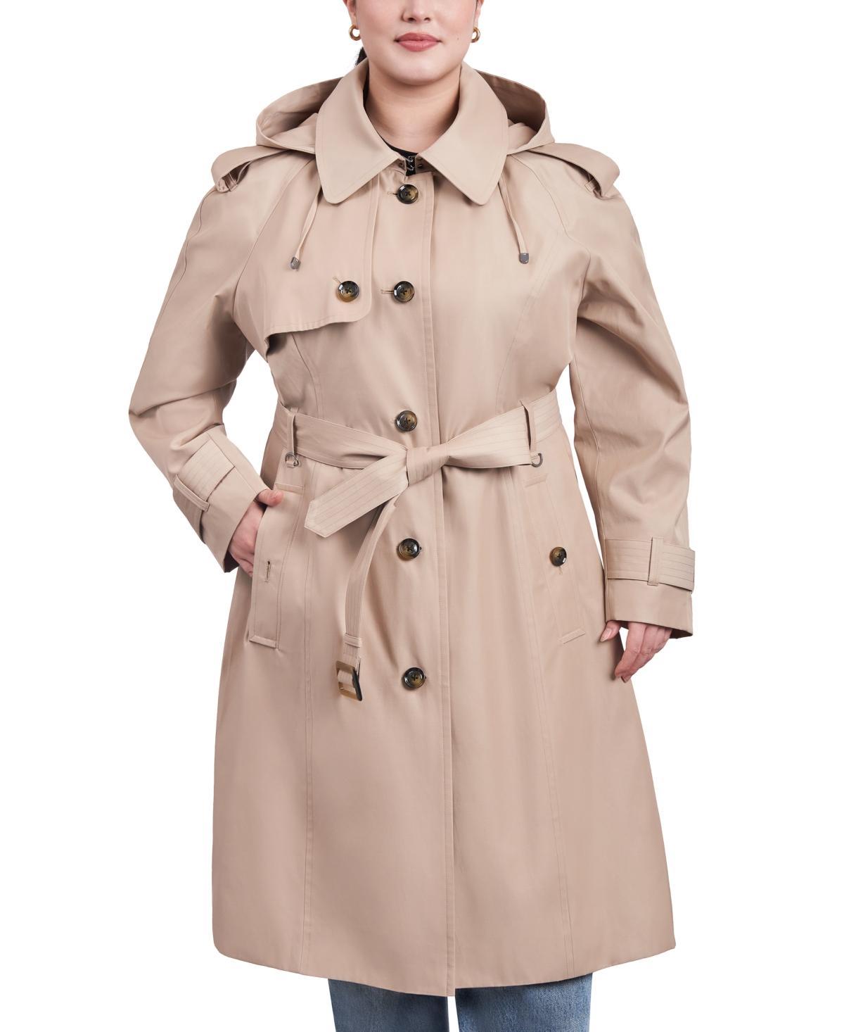 Women's Plus Size Belted Hooded Water-Resistant Trench Coat Product Image