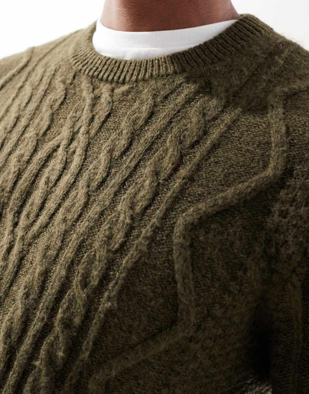 ASOS DESIGN heavyweight cable knit crew neck sweater in khaki Product Image