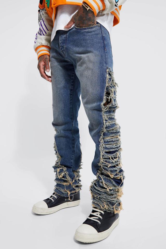 Mens Blue Skinny Extreme Distressed Flare Jeans, Blue Product Image