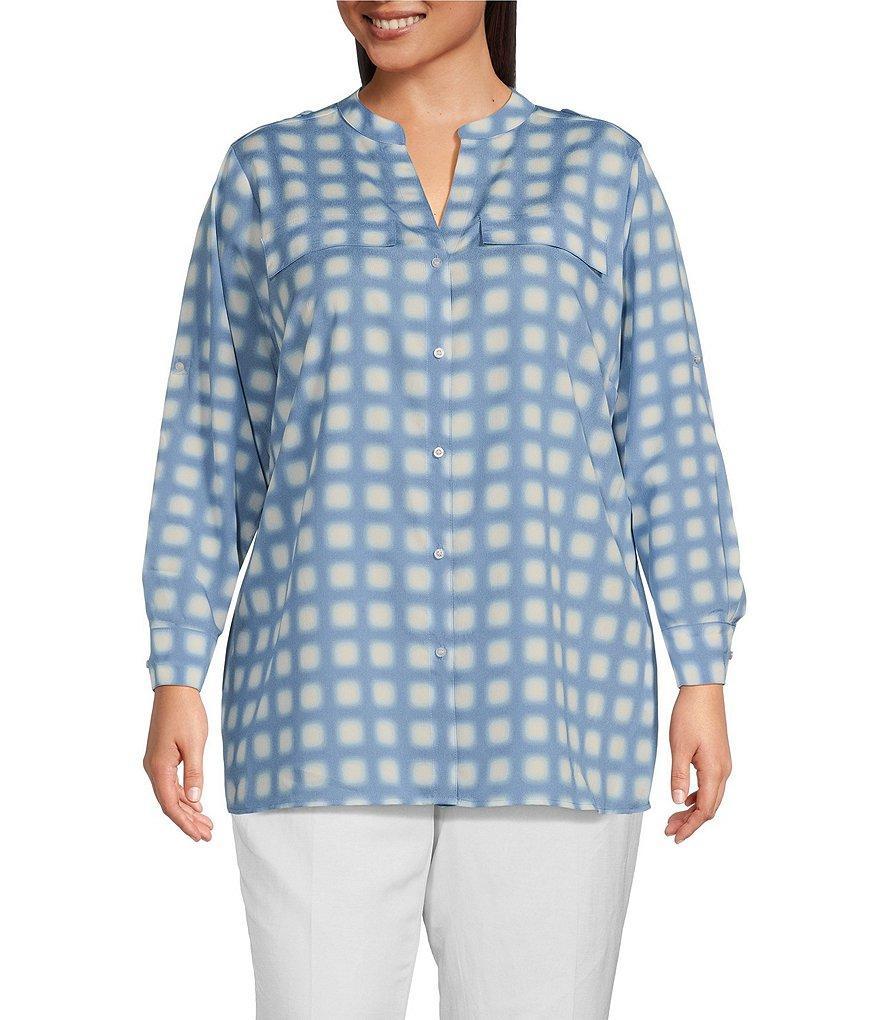 Calvin Klein Plus Size Gingham Printed V-Neck Flap Pocket Long Sleeve Roll Tab Blouse product image