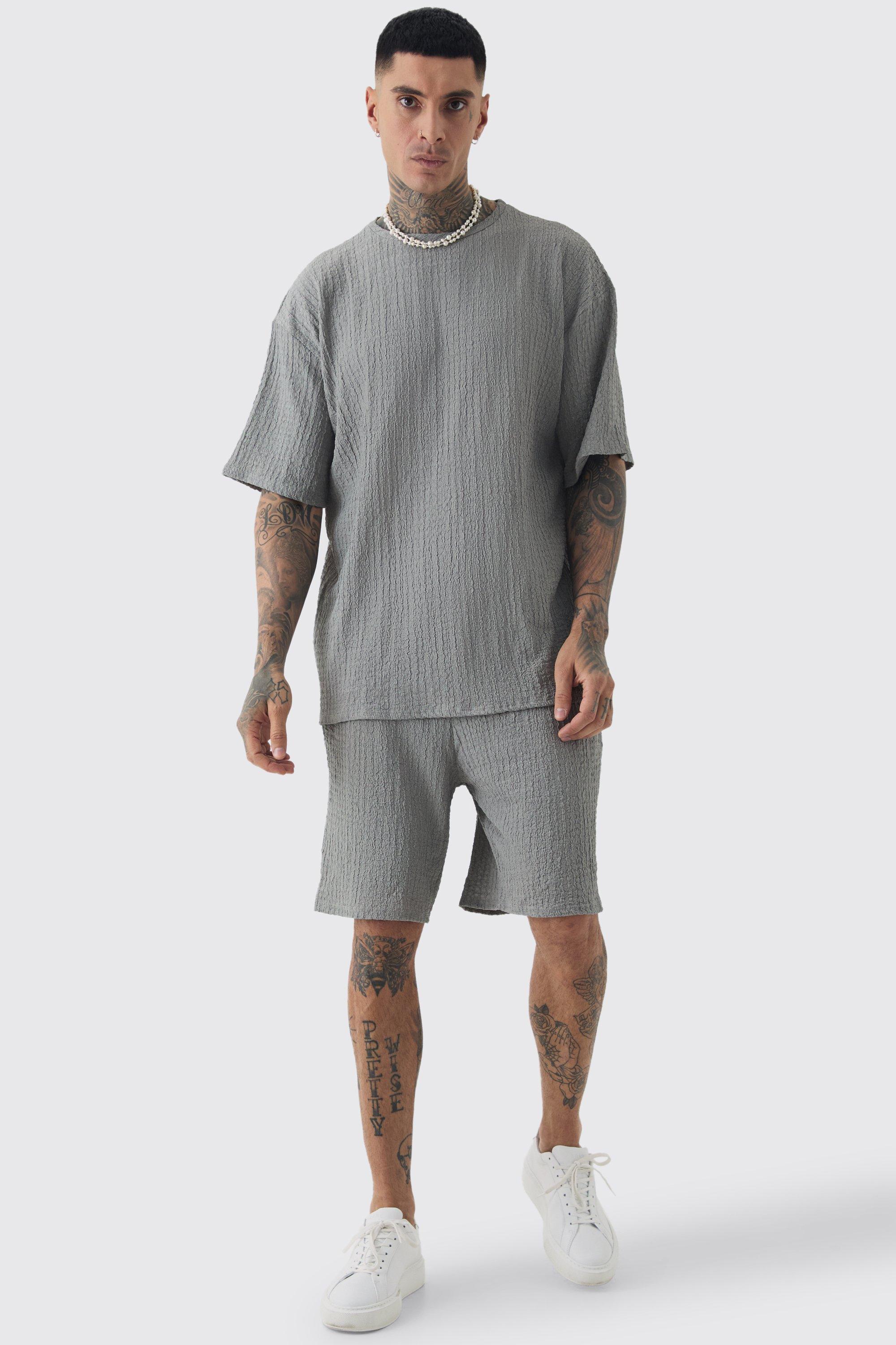 Tall Crinkle Textured T-Shirt & Short Set | boohooMAN USA Product Image