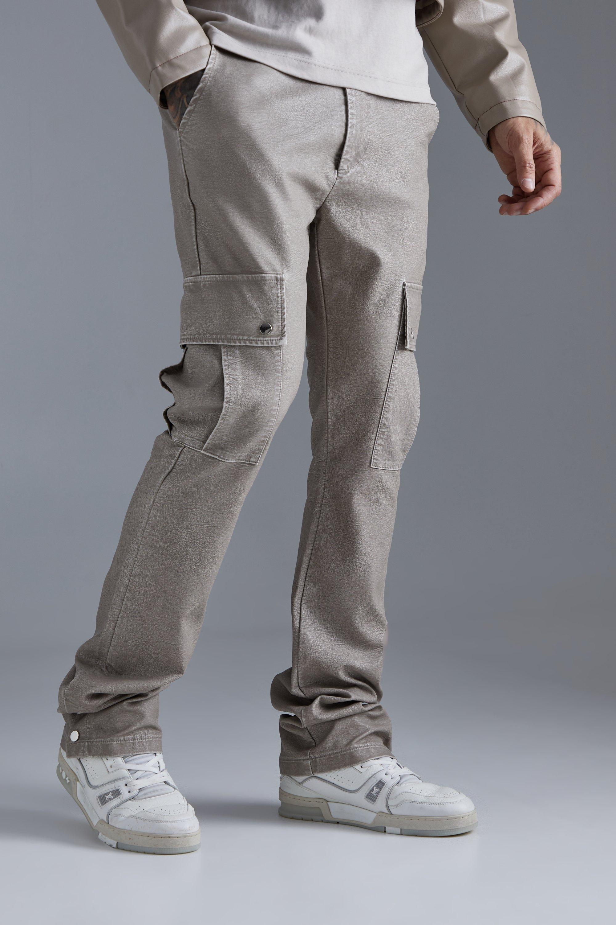 Mens Beige Slim Flare Washed Pu Cargo Popper Hem Trouser, Beige Product Image