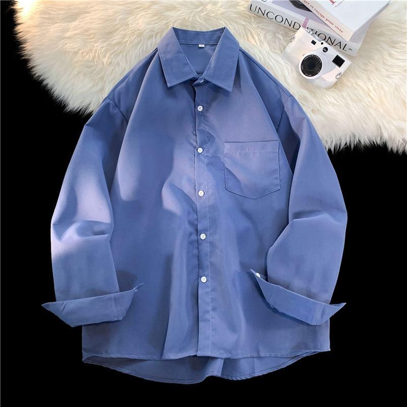 Long-Sleeve Plain Button-Up Shirt Product Image