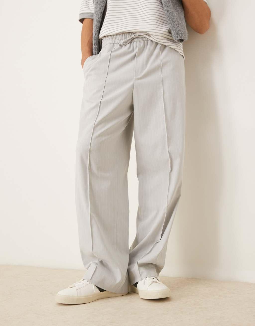 ASOS DESIGN pull-on smart wide leg pants in light gray pinstripe product image