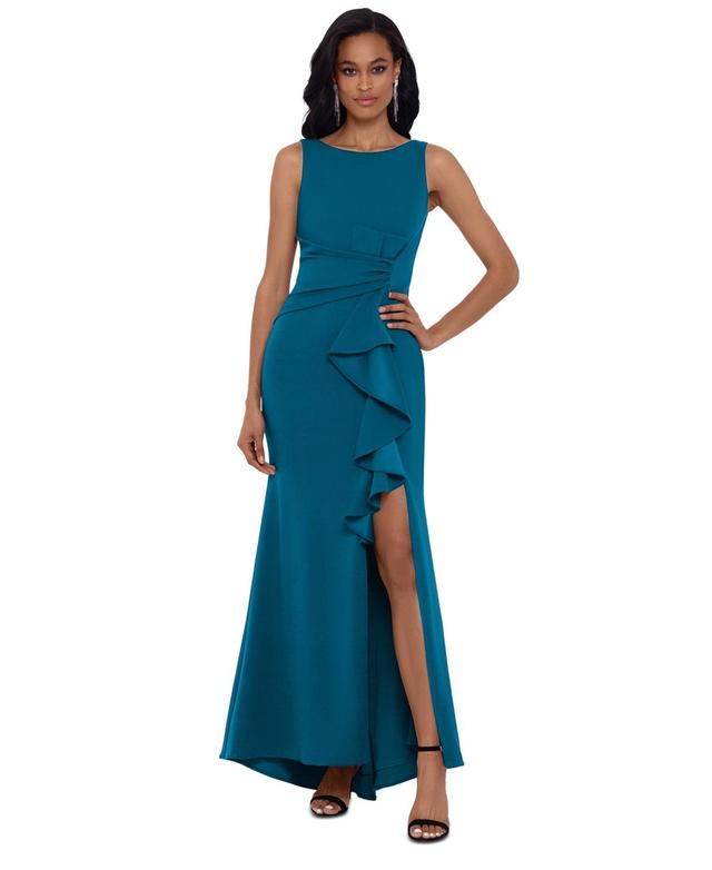 Betsy & Adam Womens Cascading-Ruffle Boat-Neck Gown Product Image