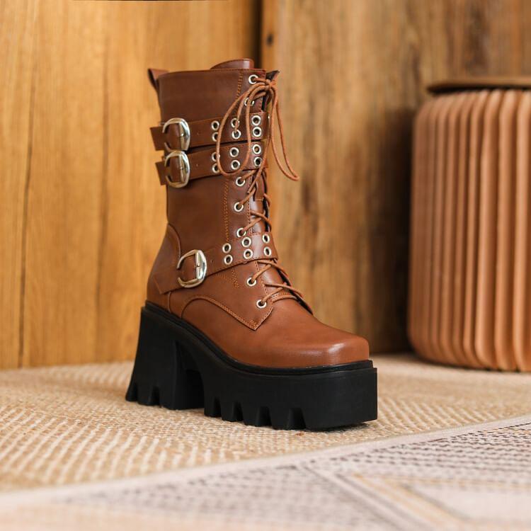 Platform Block Heel Lace-Up Mid Calf Boots Product Image