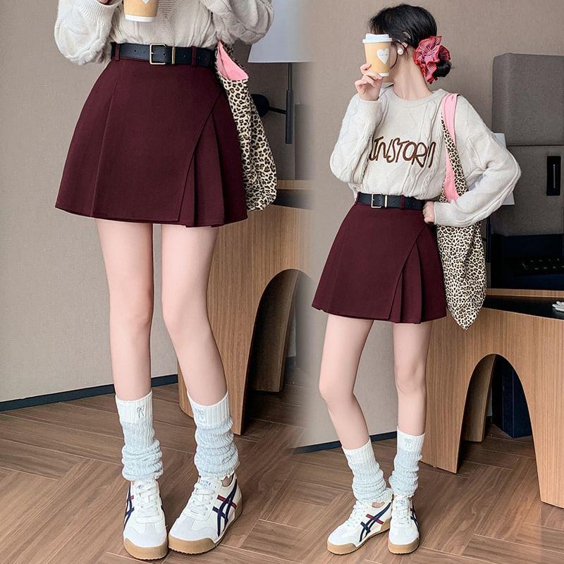 High Waist Plain Pleated Panel Mini A-Line Skirt Product Image