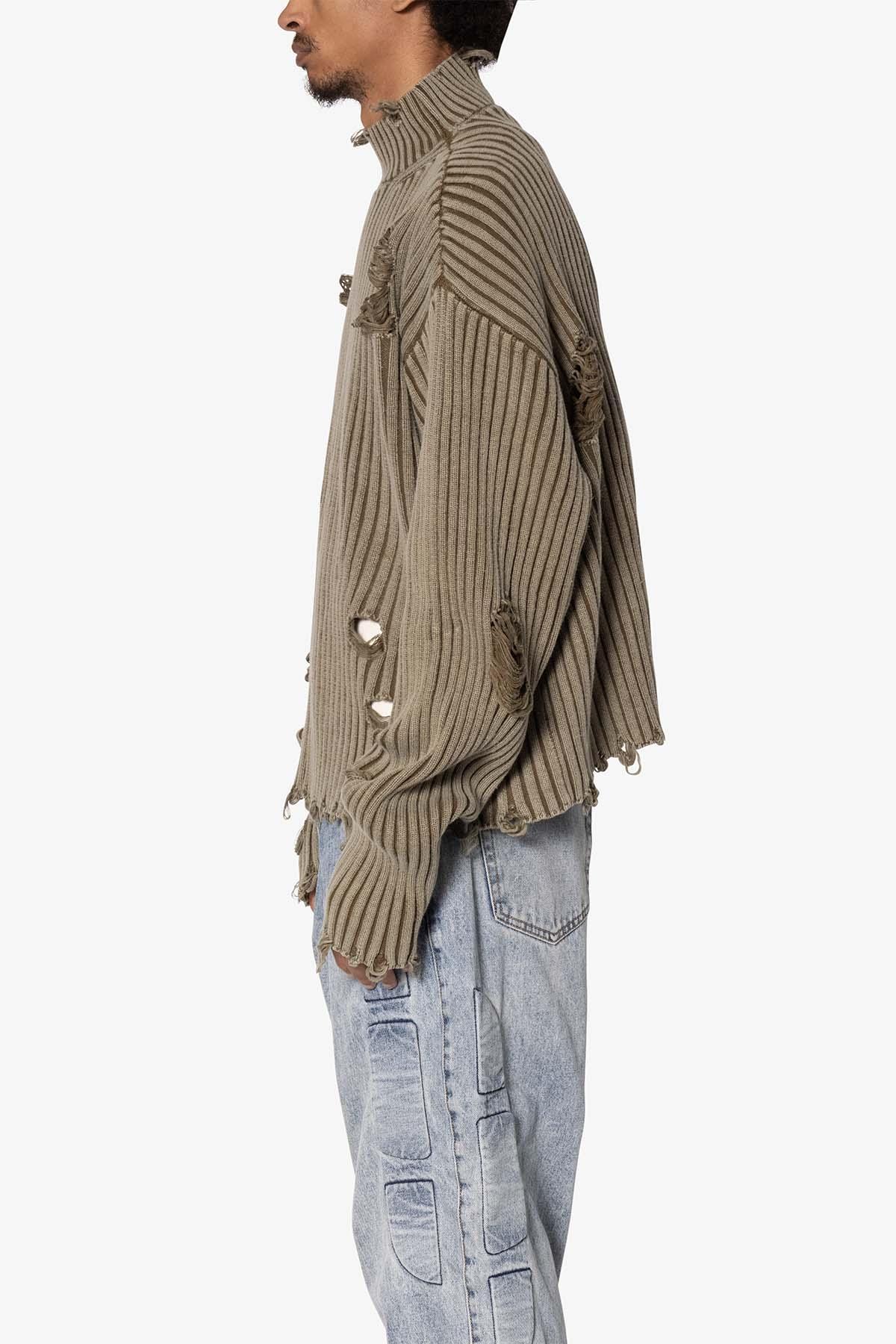 Distressed Crop Knit Sweater - Olive Product Image