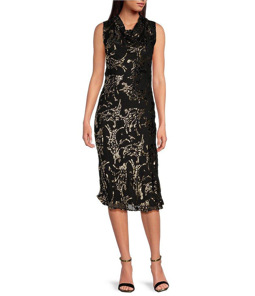 Trina Turk Twinkling Tinsel Burnout Cowl Neck Sleeveless Dress Product Image