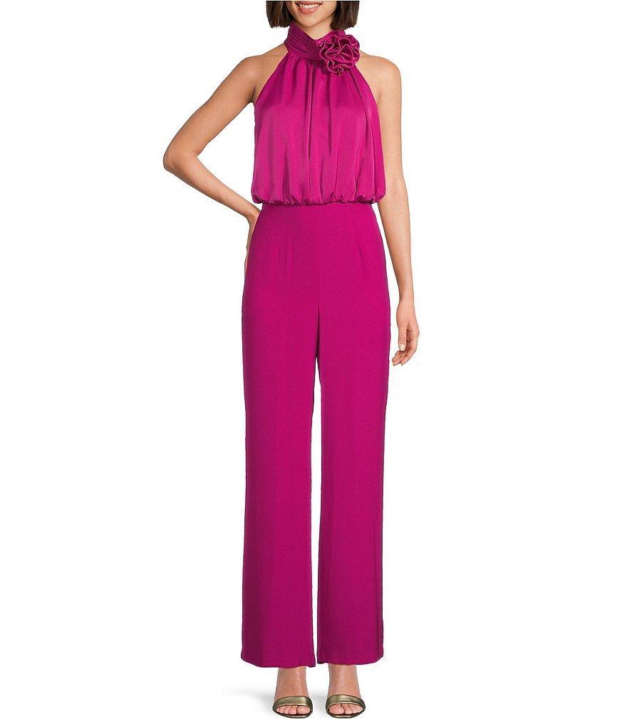 Eliza J Satin Rosette Embellished Mock Neck Sleeveless Blouson Jumpsuit Product Image